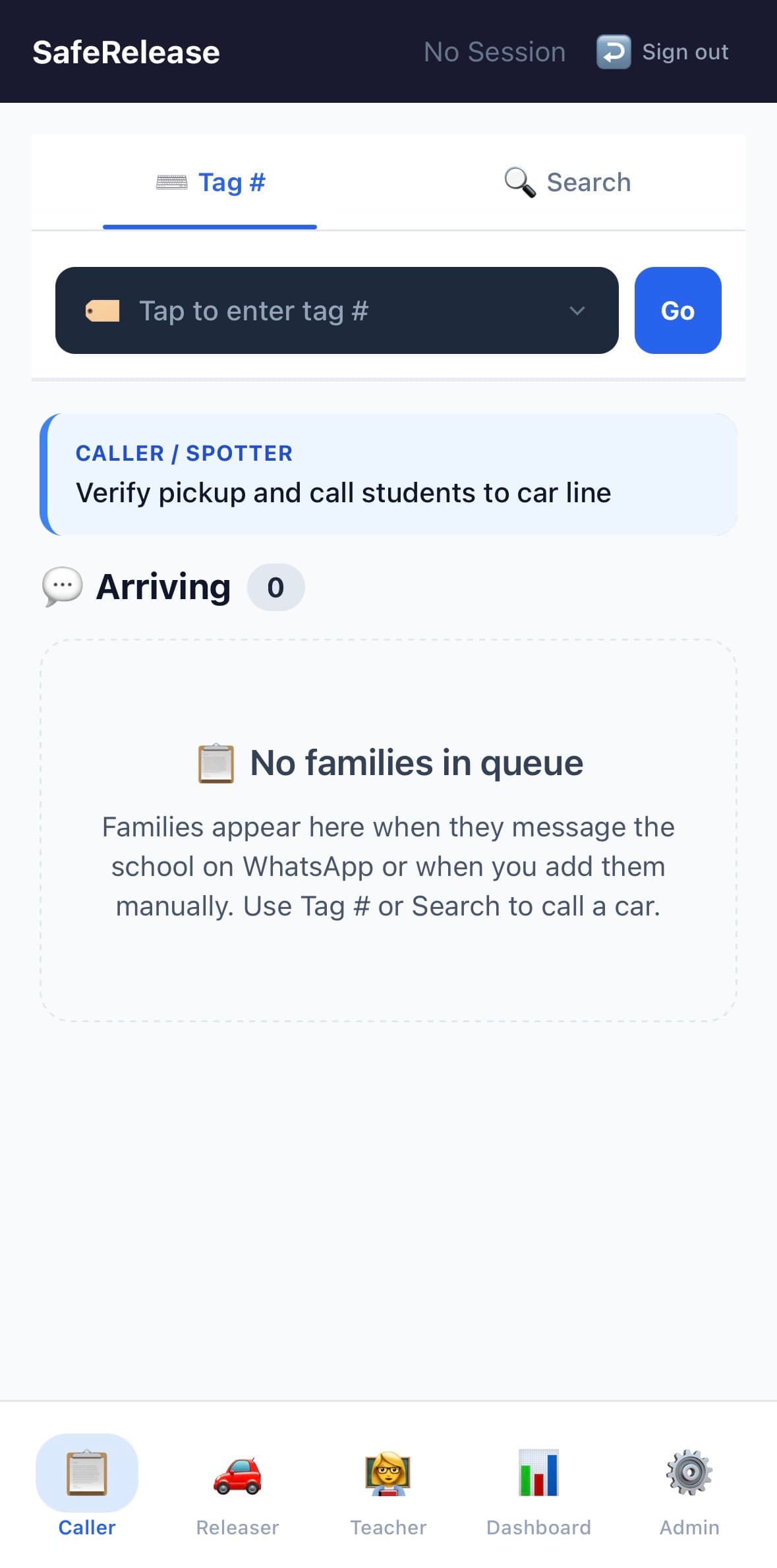 SafeRelease caller view with WhatsApp intake queue