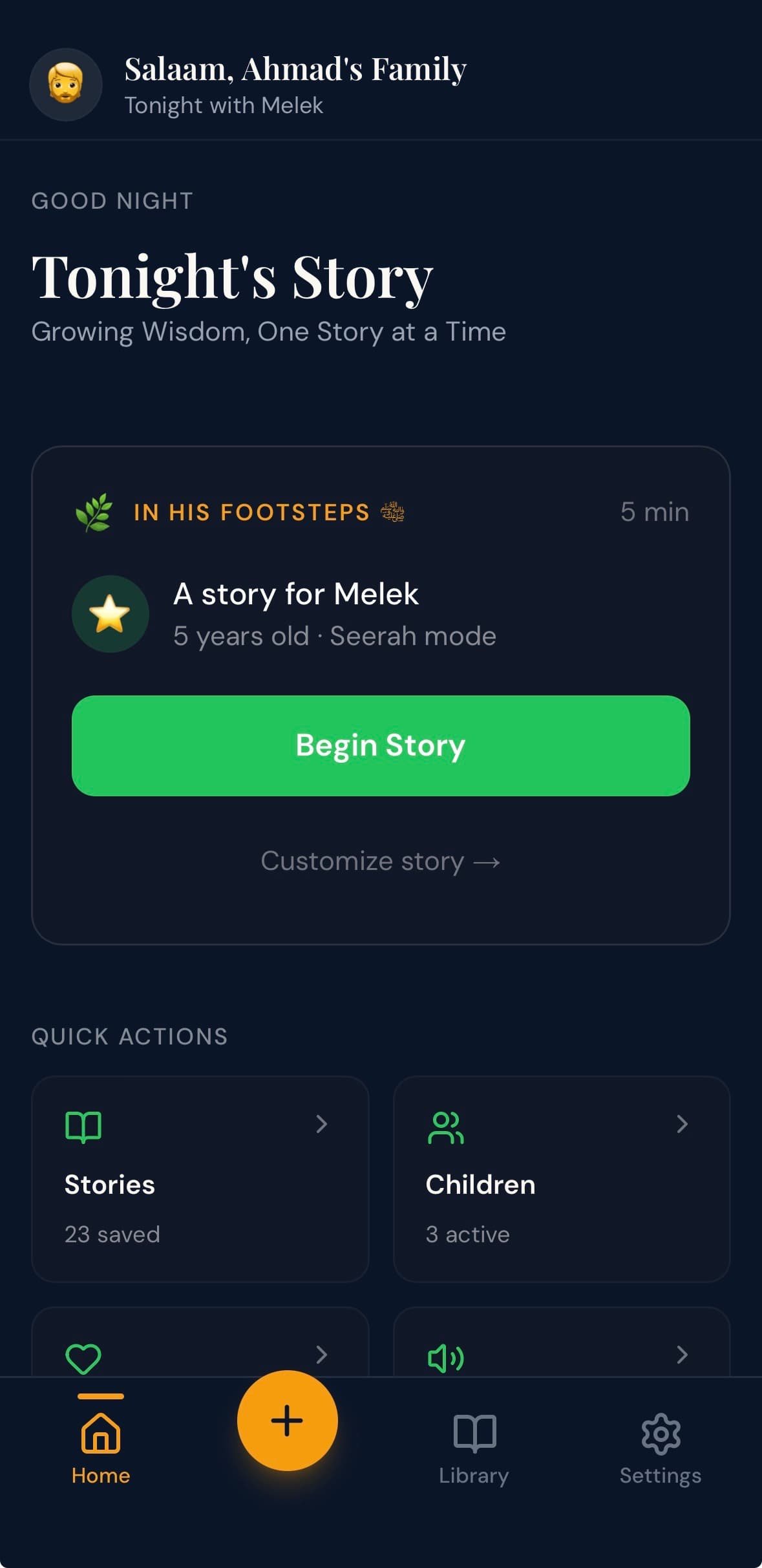 NurWhispers home screen with personalized story cards and family dashboard