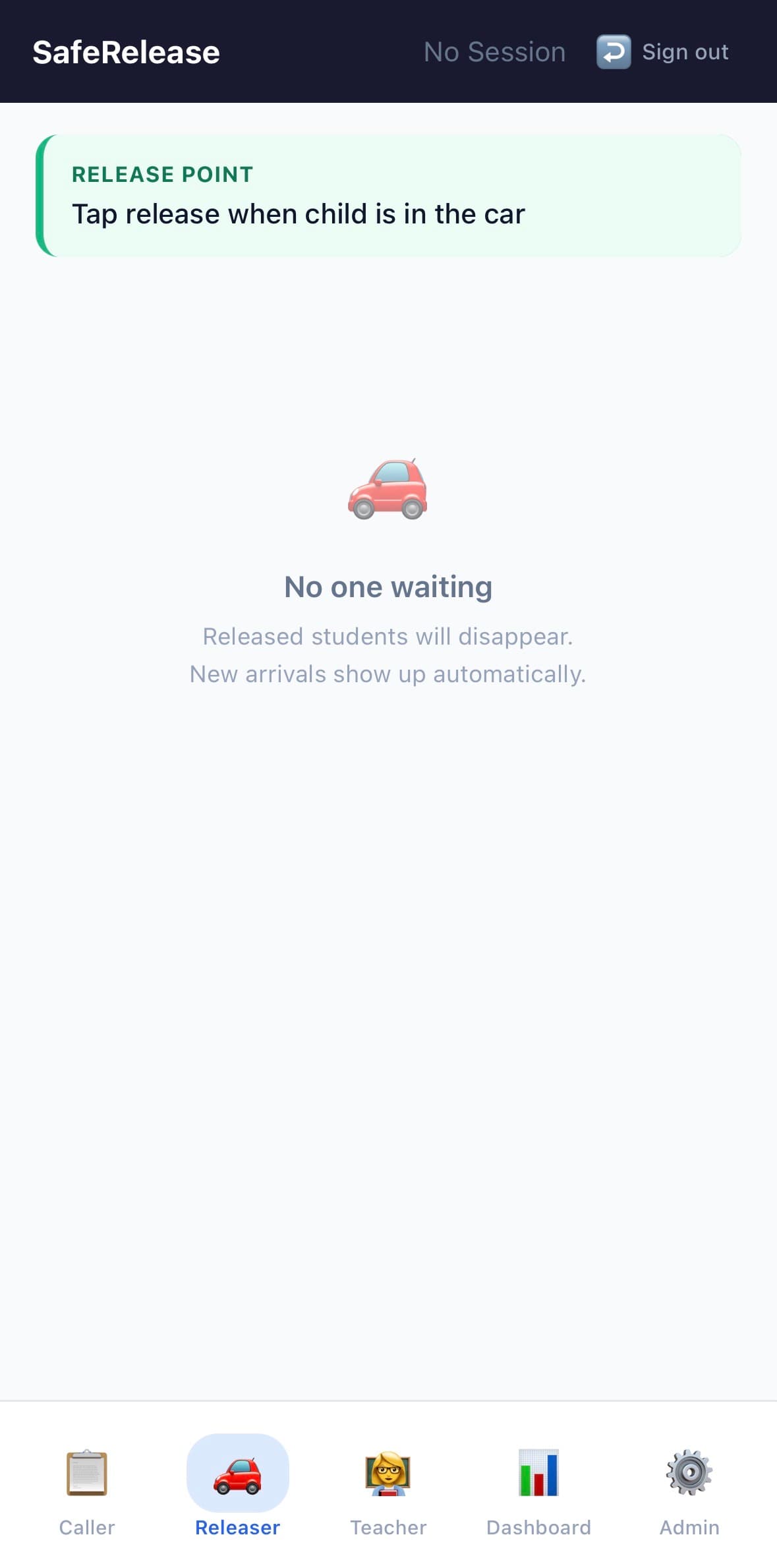 SafeRelease releaser view for marking students in car