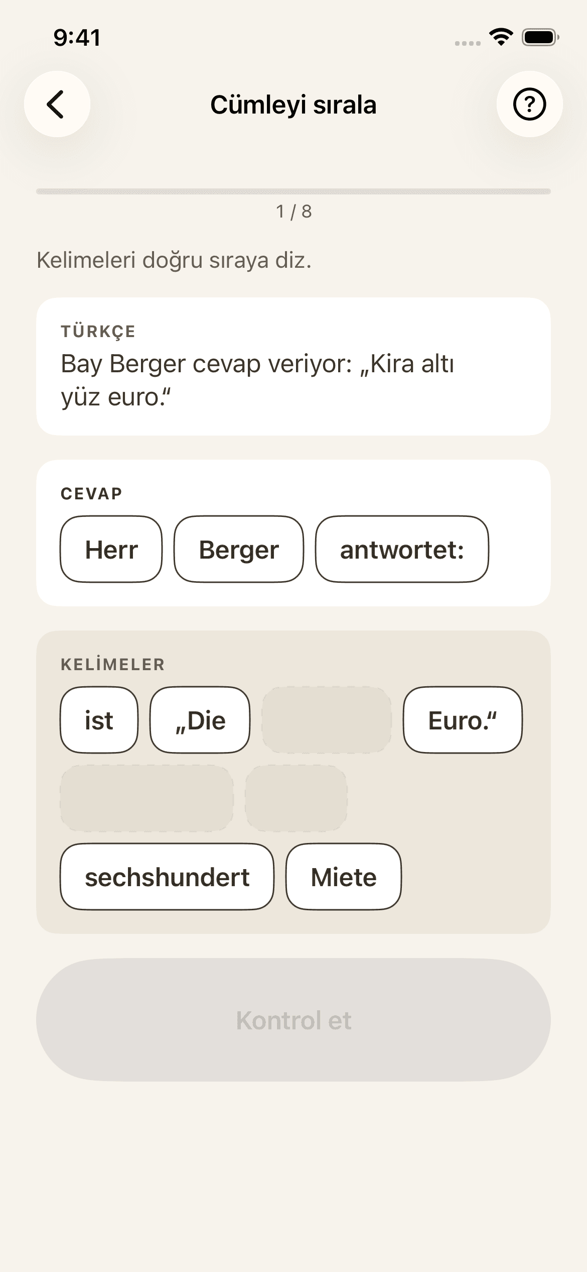Almanca A1 sentence-order drill