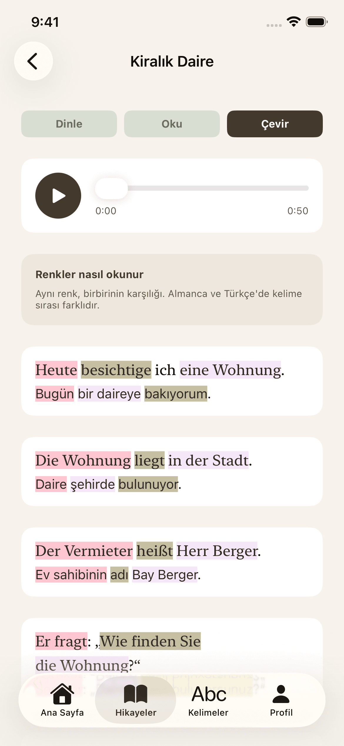 Almanca A1 bilingual story with colour pairing German and Turkish words