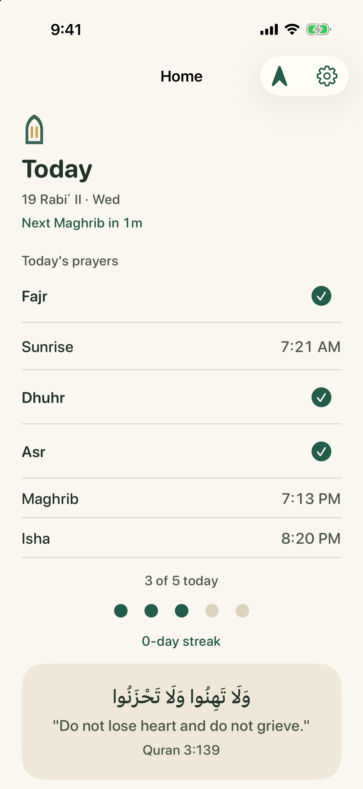 Waqfa home with today's five prayer times